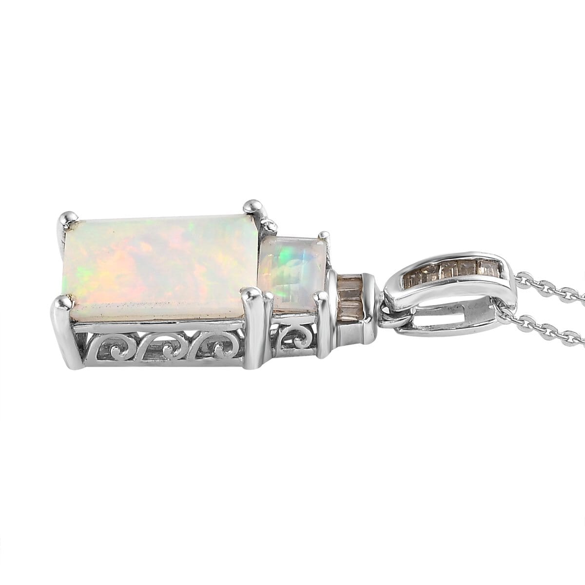 Premium Ethiopian Welo Opal and Natural Champagne Diamond Pendant Necklace 20 Inches in Platinum Over Sterling Silver 3.00 ctw image number 3