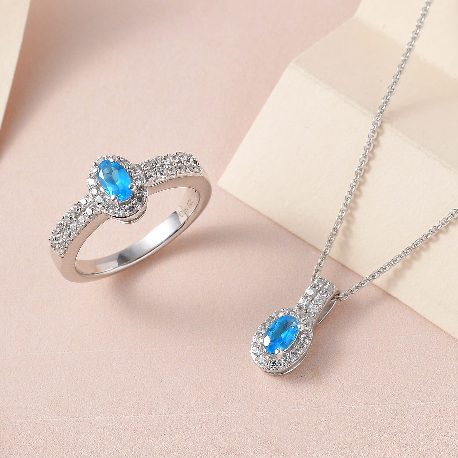 Malgache Neon Apatite and White Zircon Halo Ring (Size 5.00) and Pendant Necklace 20In in Platinum Over Sterling Silver 1.15 ctw
