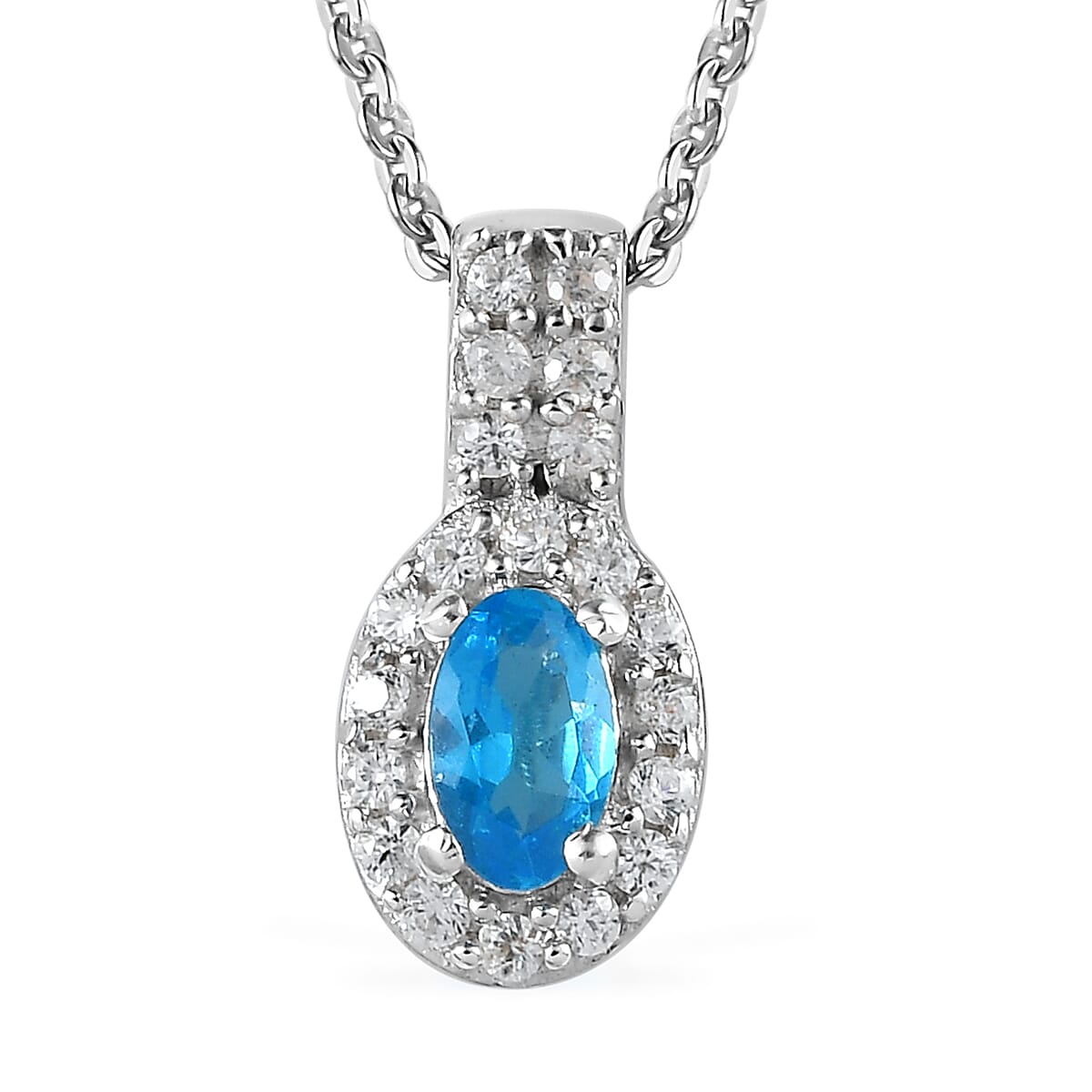 Malgache Neon Apatite and White Zircon Halo Ring (Size 5.00) and Pendant Necklace 20In in Platinum Over Sterling Silver 1.15 ctw