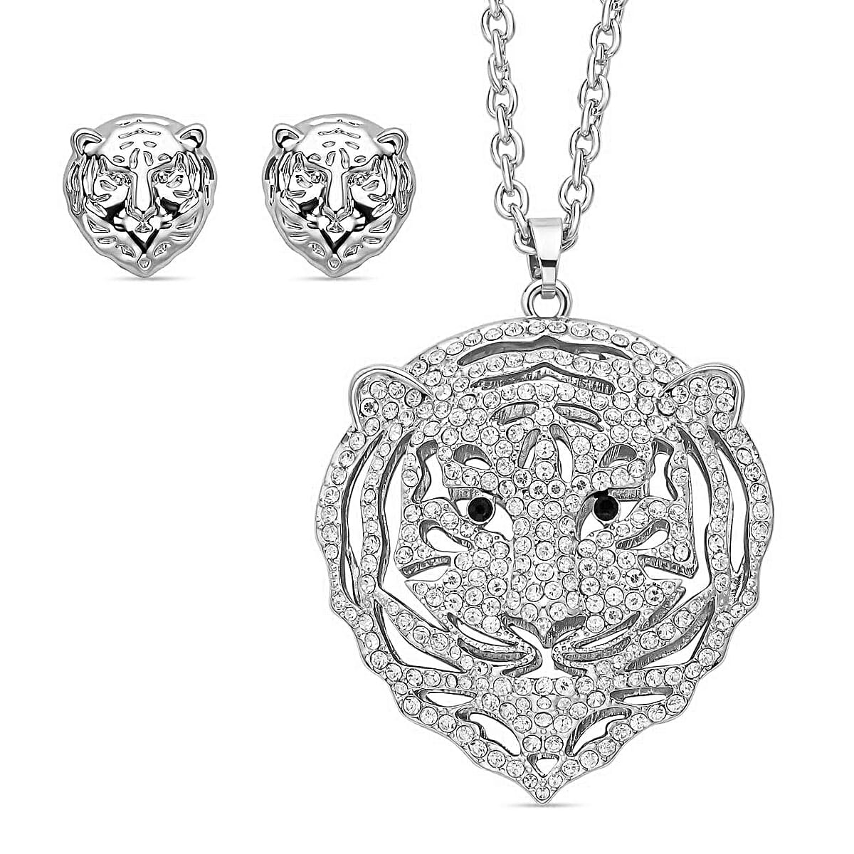 White and Black Austrian Crystal Earrings and Tiger Pendant Necklace 28-30 Inches in Silvertone image number 0