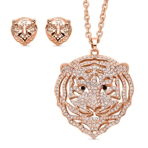 White and Black Austrian Crystal Earrings and Tiger Pendant Necklace 28-30 Inches in Rosetone