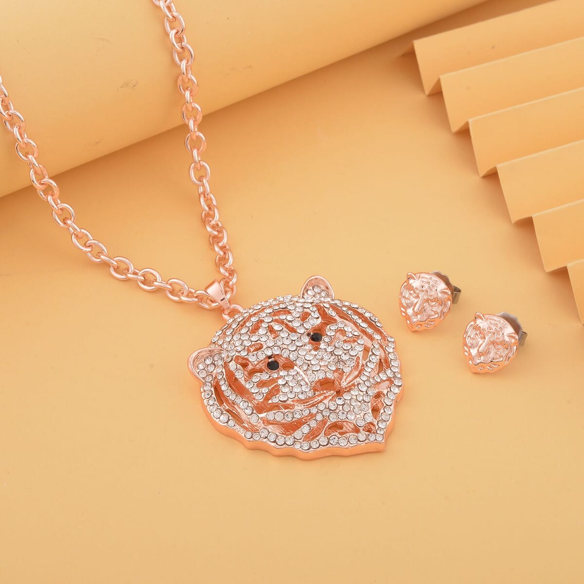 White and Black Austrian Crystal Earrings and Tiger Pendant Necklace 28-30 Inches in Rosetone image number 1