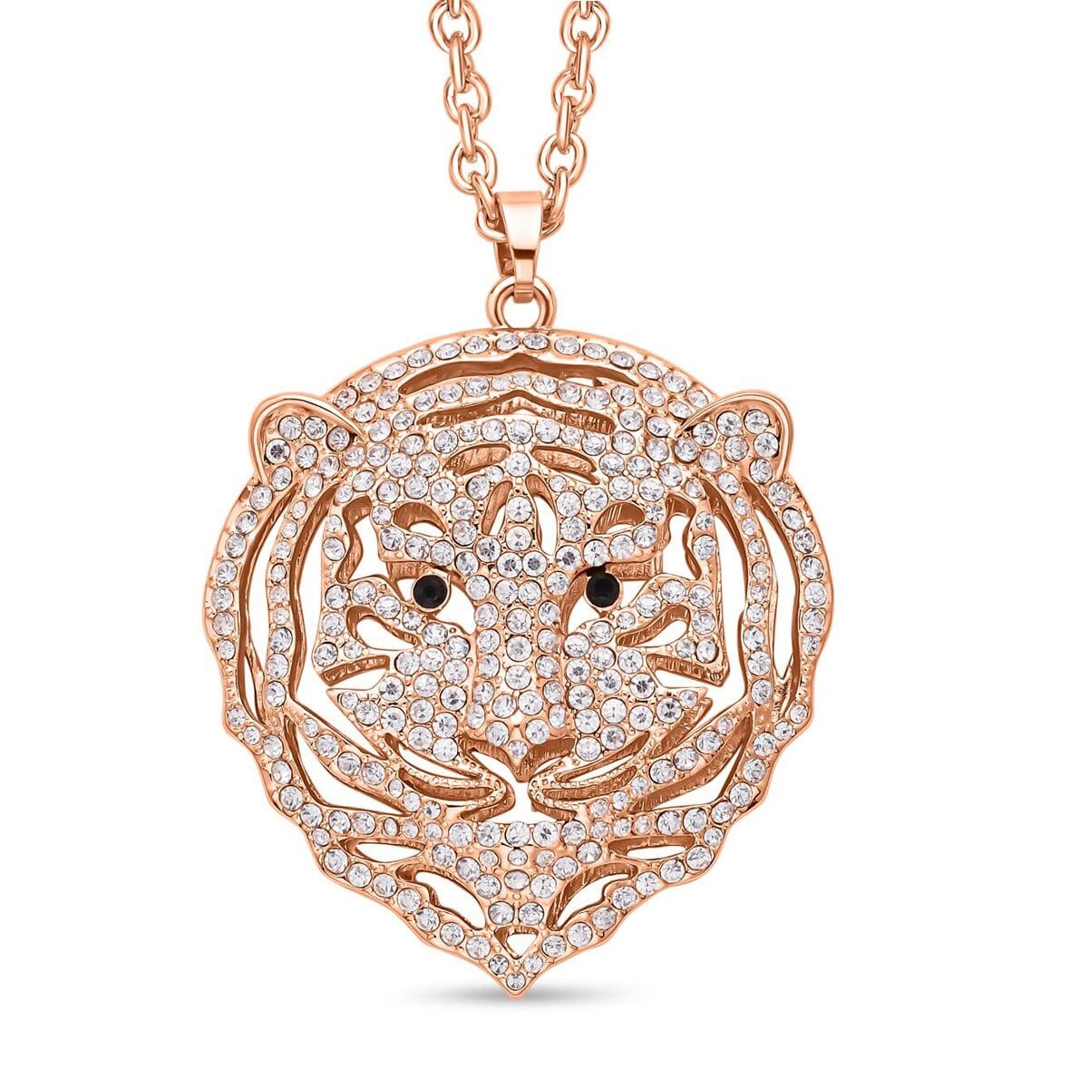 White and Black Austrian Crystal Earrings and Tiger Pendant Necklace 28-30 Inches in Rosetone image number 2