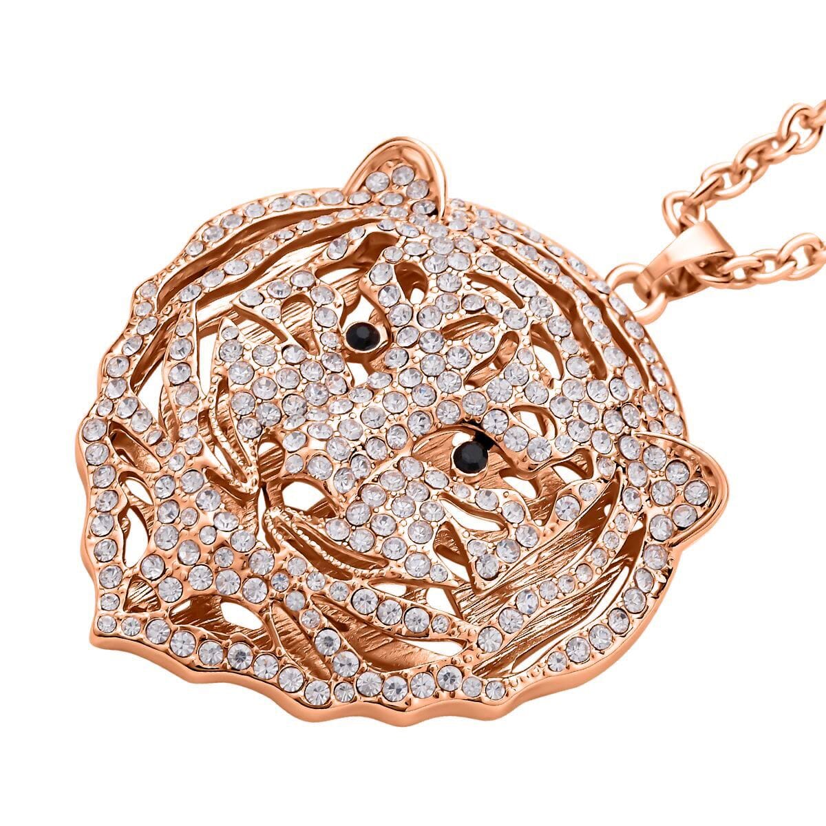White and Black Austrian Crystal Earrings and Tiger Pendant Necklace 28-30 Inches in Rosetone image number 3