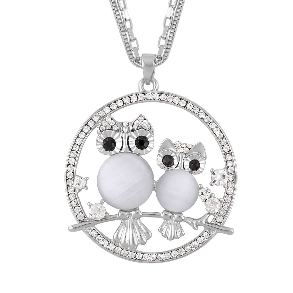Lab Created White Cat's Eye, White and Black Austrian Crystal Owl Pendant Necklace (28-30 Inches) in Silvertone image number 0