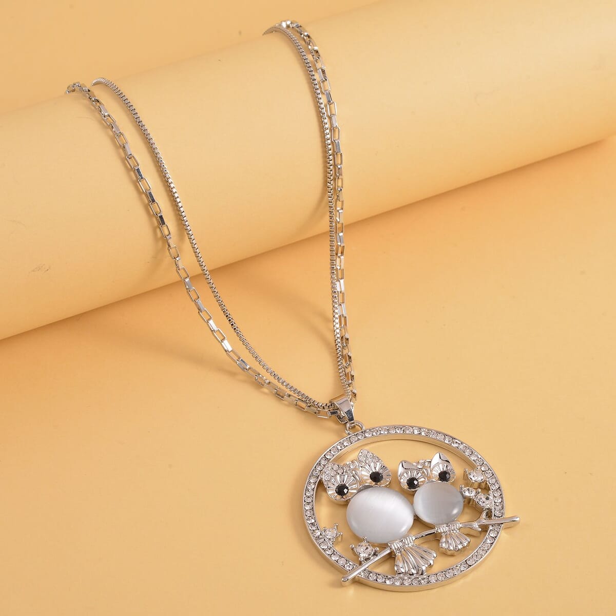 Lab Created White Cat's Eye, White and Black Austrian Crystal Owl Pendant Necklace (28-30 Inches) in Silvertone image number 1