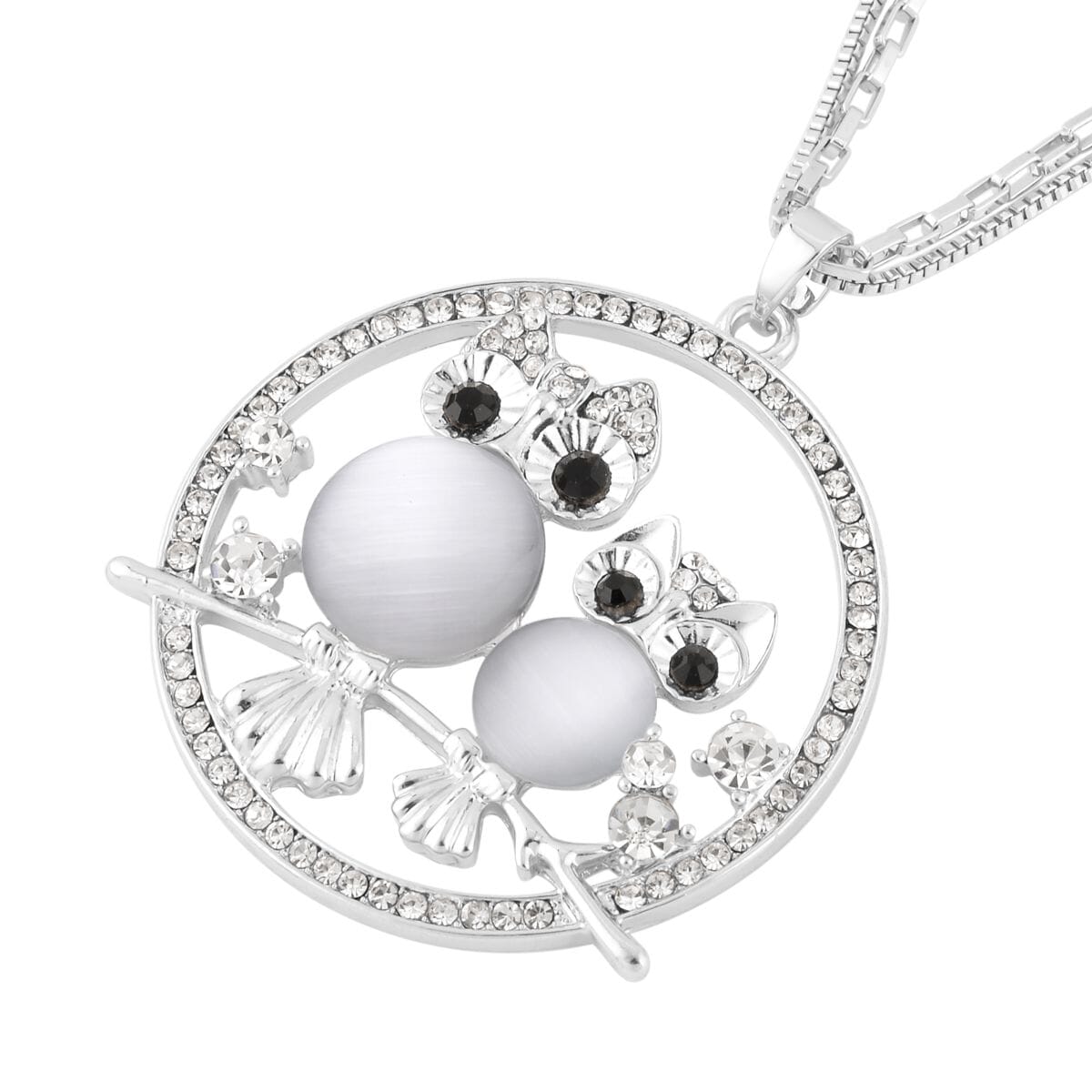 Lab Created White Cat's Eye, White and Black Austrian Crystal Owl Pendant Necklace (28-30 Inches) in Silvertone image number 2