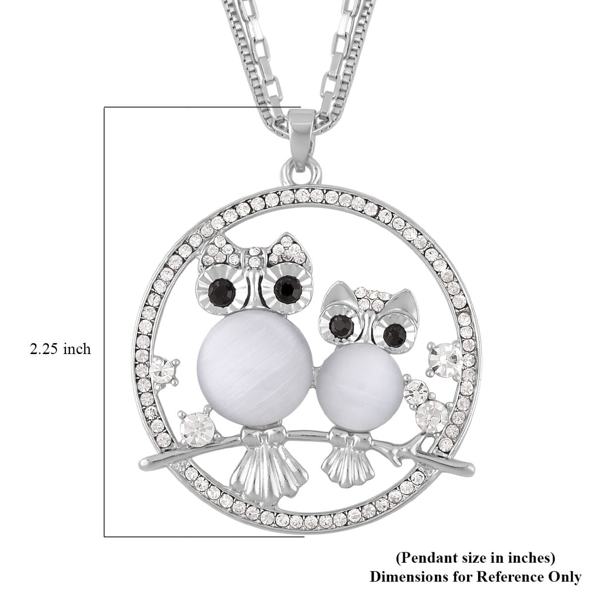 Lab Created White Cat's Eye, White and Black Austrian Crystal Owl Pendant Necklace (28-30 Inches) in Silvertone image number 4