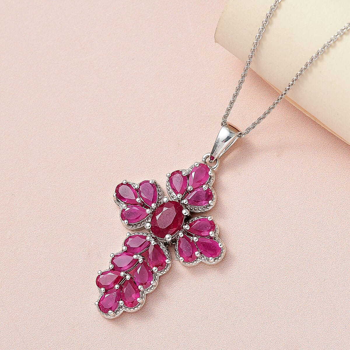 Niassa Ruby (FF) Cross Pendant Necklace 20 Inches in Platinum Over Sterling Silver 6.10 ctw image number 1