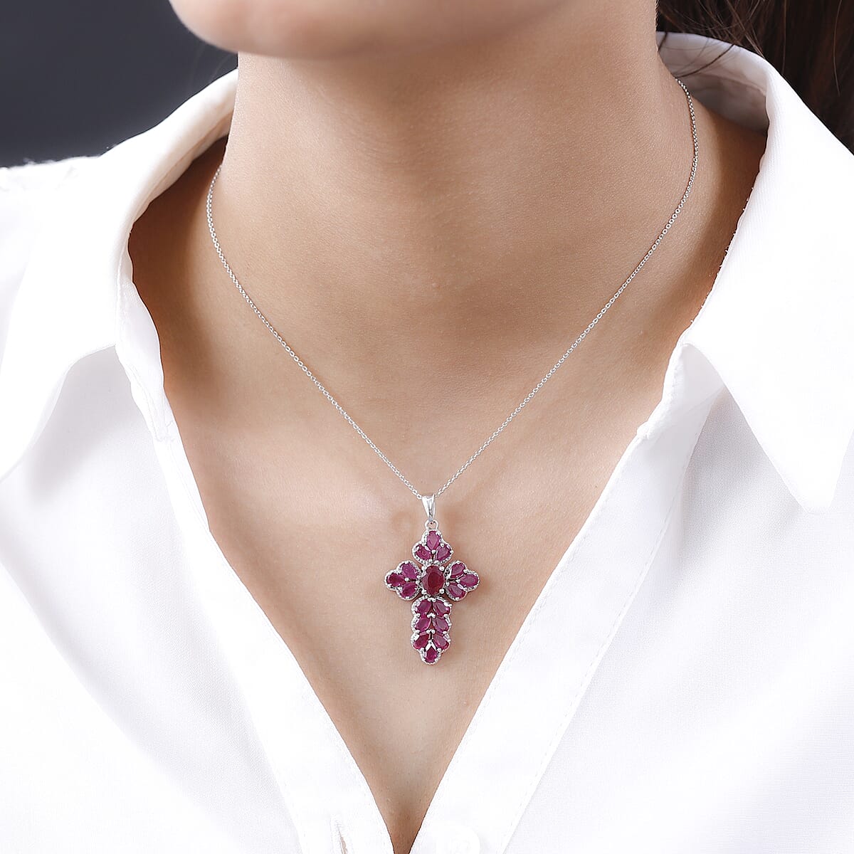 Niassa Ruby (FF) Cross Pendant Necklace 20 Inches in Platinum Over Sterling Silver 6.10 ctw image number 2