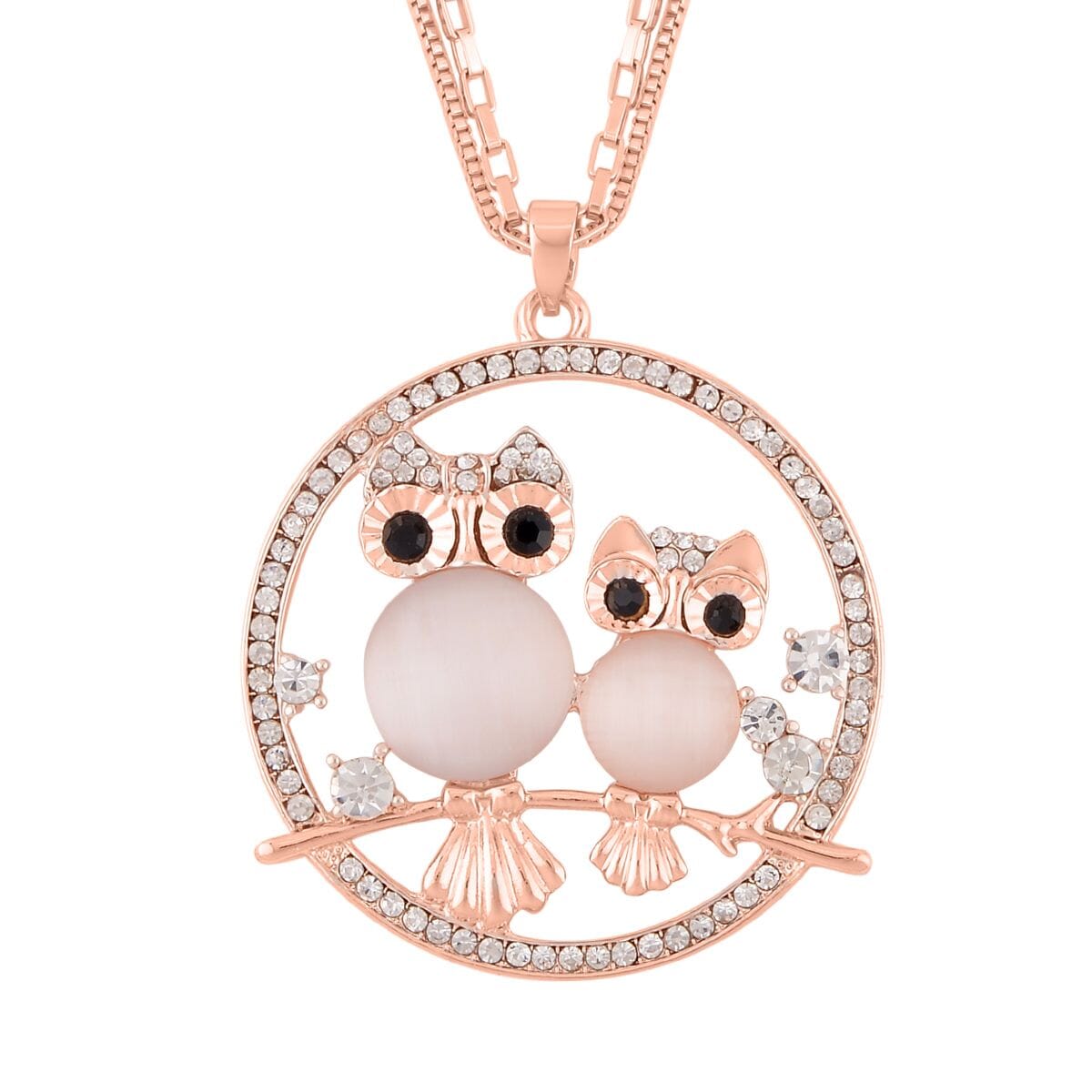 Lab Created White Cat's Eye and White and Black Austrian Crystal Owl Pendant Necklace 28-30 Inches in Rosetone image number 0