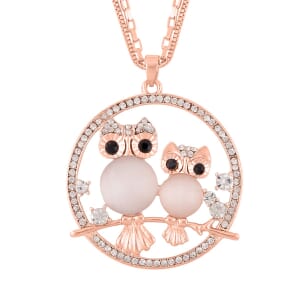 Lab Created White Cat's Eye and White and Black Austrian Crystal Owl Pendant Necklace 28-30 Inches in Rosetone