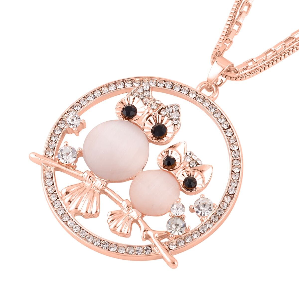 Lab Created White Cat's Eye and White and Black Austrian Crystal Owl Pendant Necklace 28-30 Inches in Rosetone image number 2