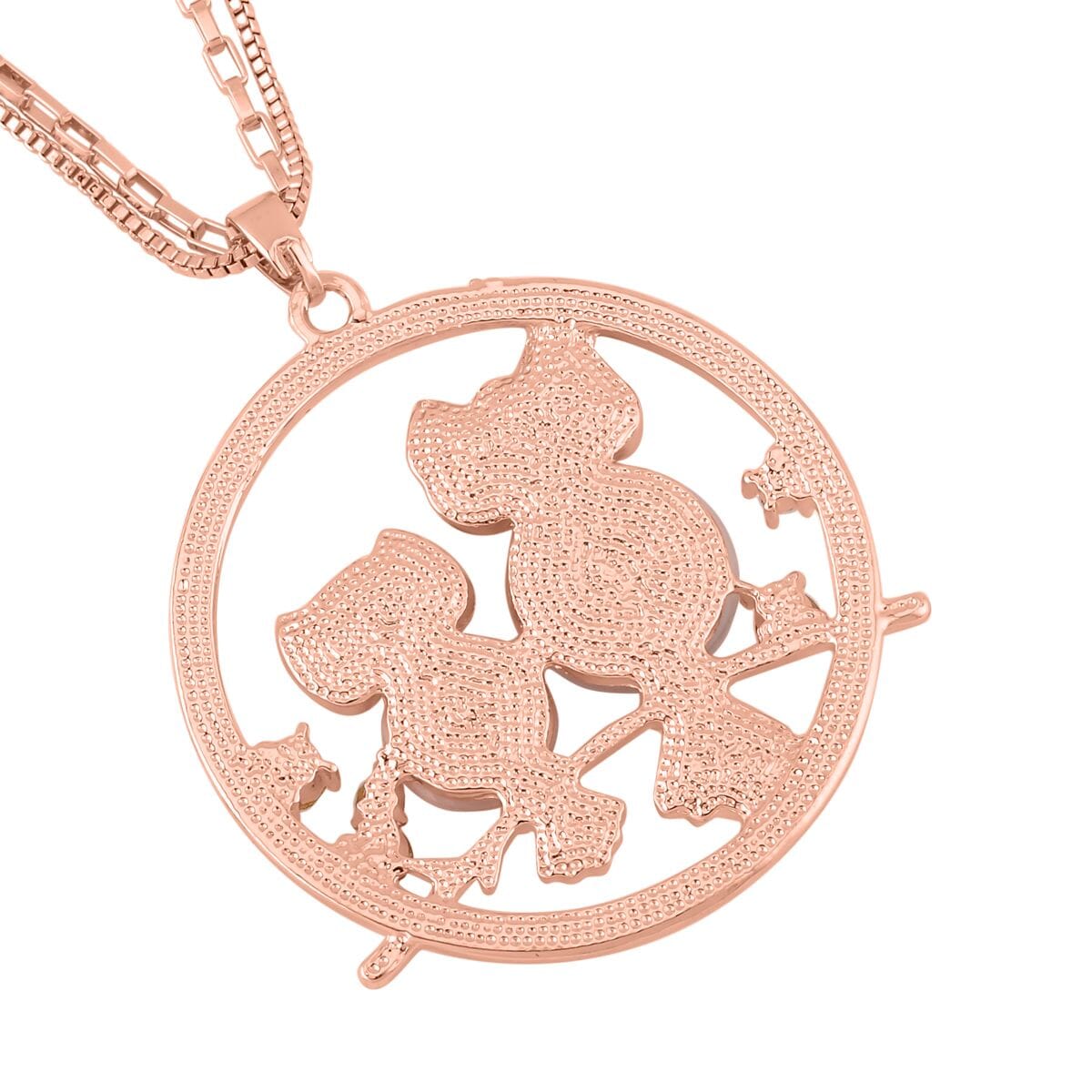 Lab Created White Cat's Eye and White and Black Austrian Crystal Owl Pendant Necklace 28-30 Inches in Rosetone image number 3