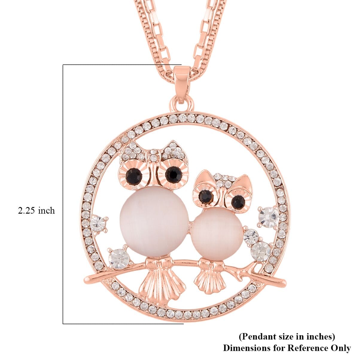 Lab Created White Cat's Eye and White and Black Austrian Crystal Owl Pendant Necklace 28-30 Inches in Rosetone image number 4
