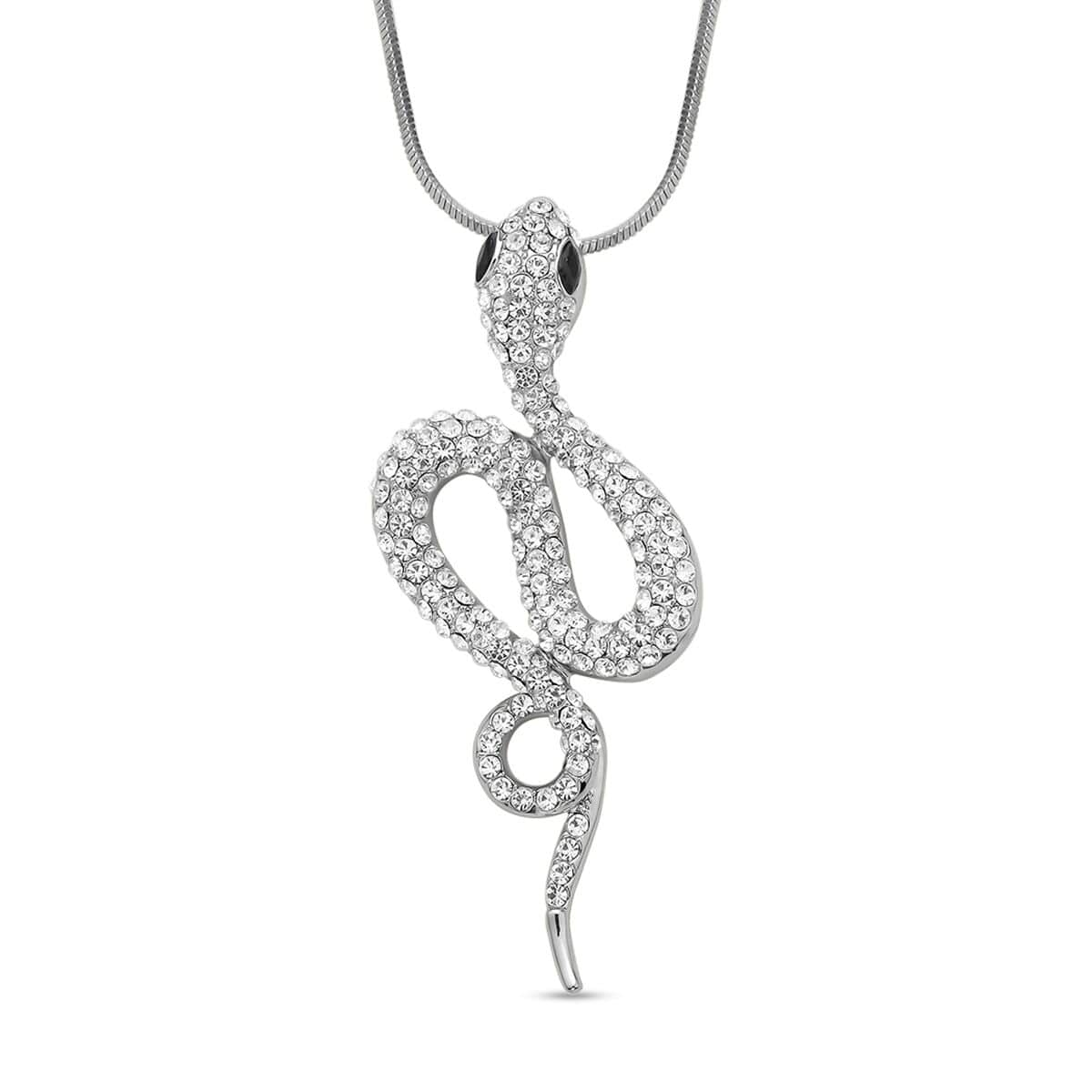 Black Glass and White Austrian Crystal Snake Pendant Necklace 28-30 Inches in Silvertone image number 0