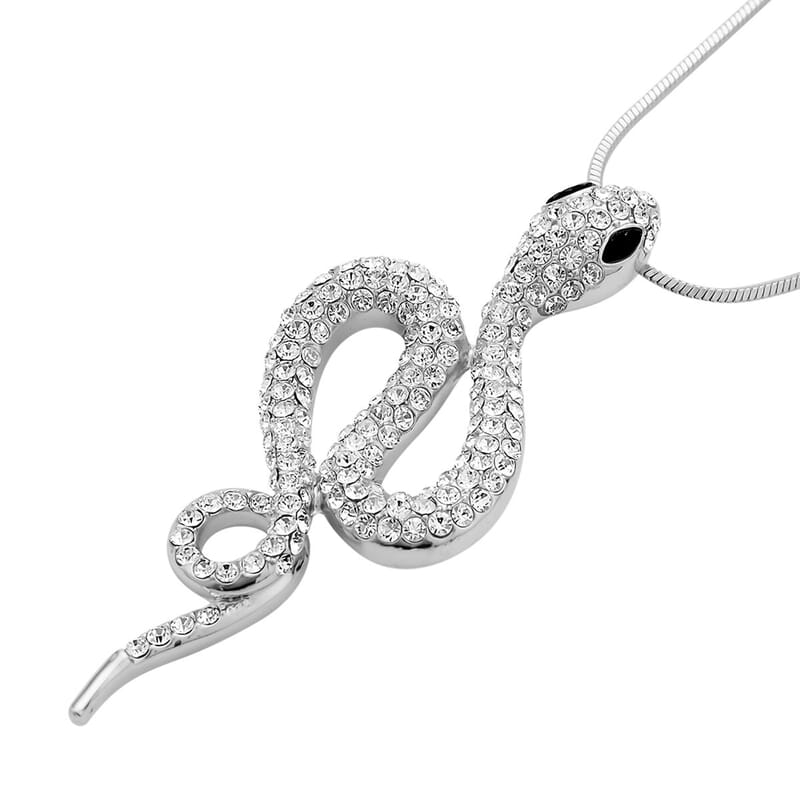 Black Glass and White Austrian Crystal Snake Pendant Necklace 28-30 Inches in Silvertone