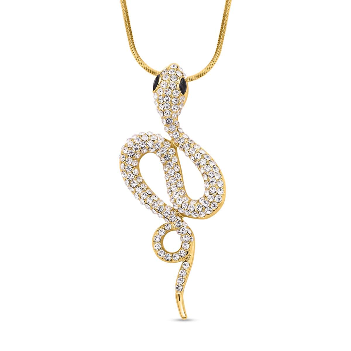 Black Glass and White Austrian Crystal Snake Pendant Necklace 28-30 Inches in Goldtone image number 0