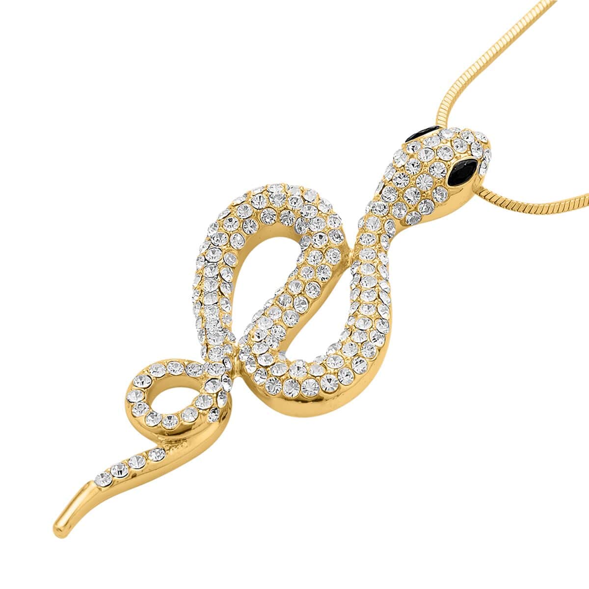 Black Glass and White Austrian Crystal Snake Pendant Necklace 28-30 Inches in Goldtone image number 2