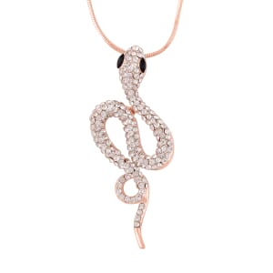 Black Glass and White Austrian Crystal Snake Pendant Necklace in Rosetone 28-30 Inches