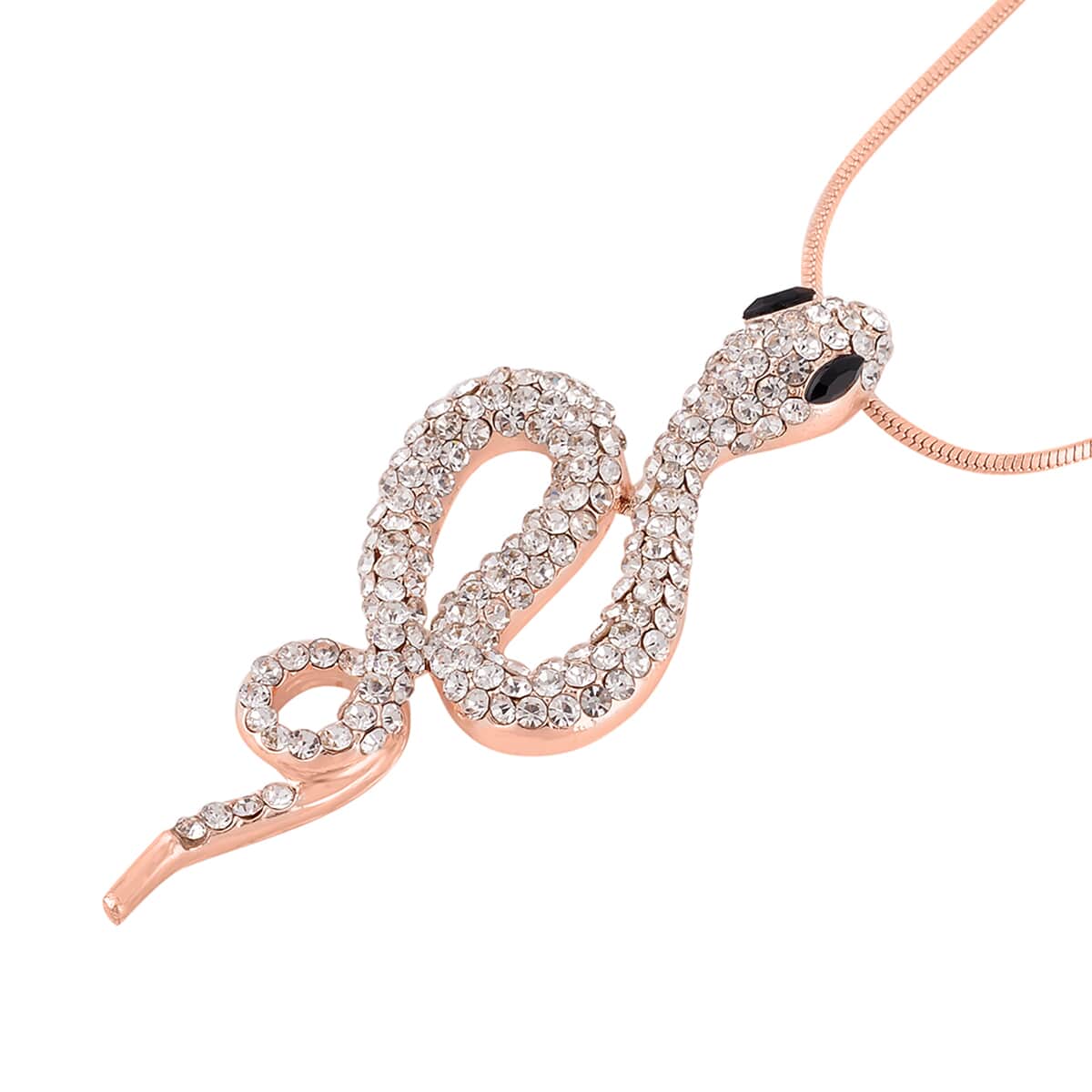 Black Glass and White Austrian Crystal Snake Pendant Necklace in Rosetone 28-30 Inches image number 2