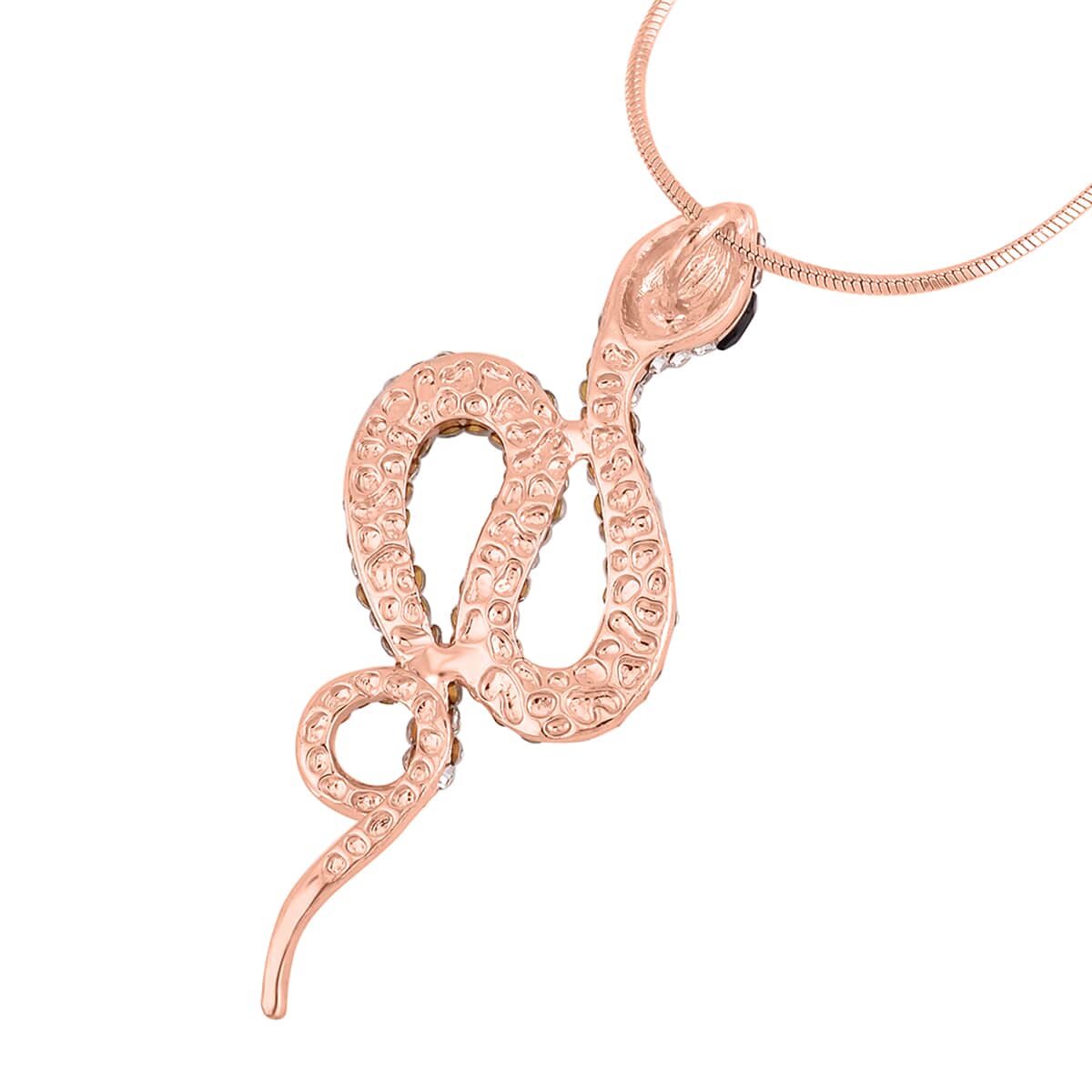 Black Glass and White Austrian Crystal Snake Pendant Necklace in Rosetone 28-30 Inches image number 3