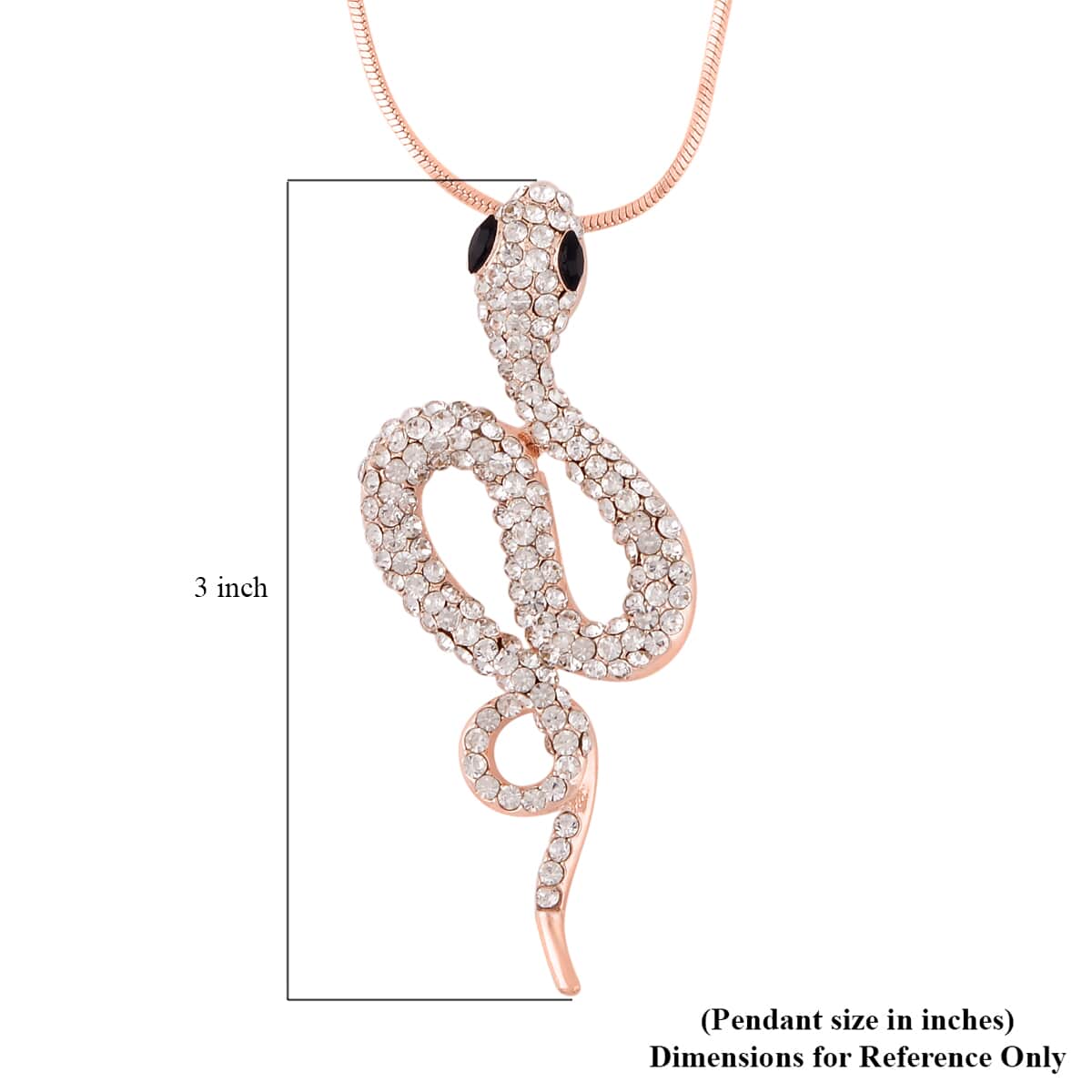 Black Glass and White Austrian Crystal Snake Pendant Necklace in Rosetone 28-30 Inches image number 4