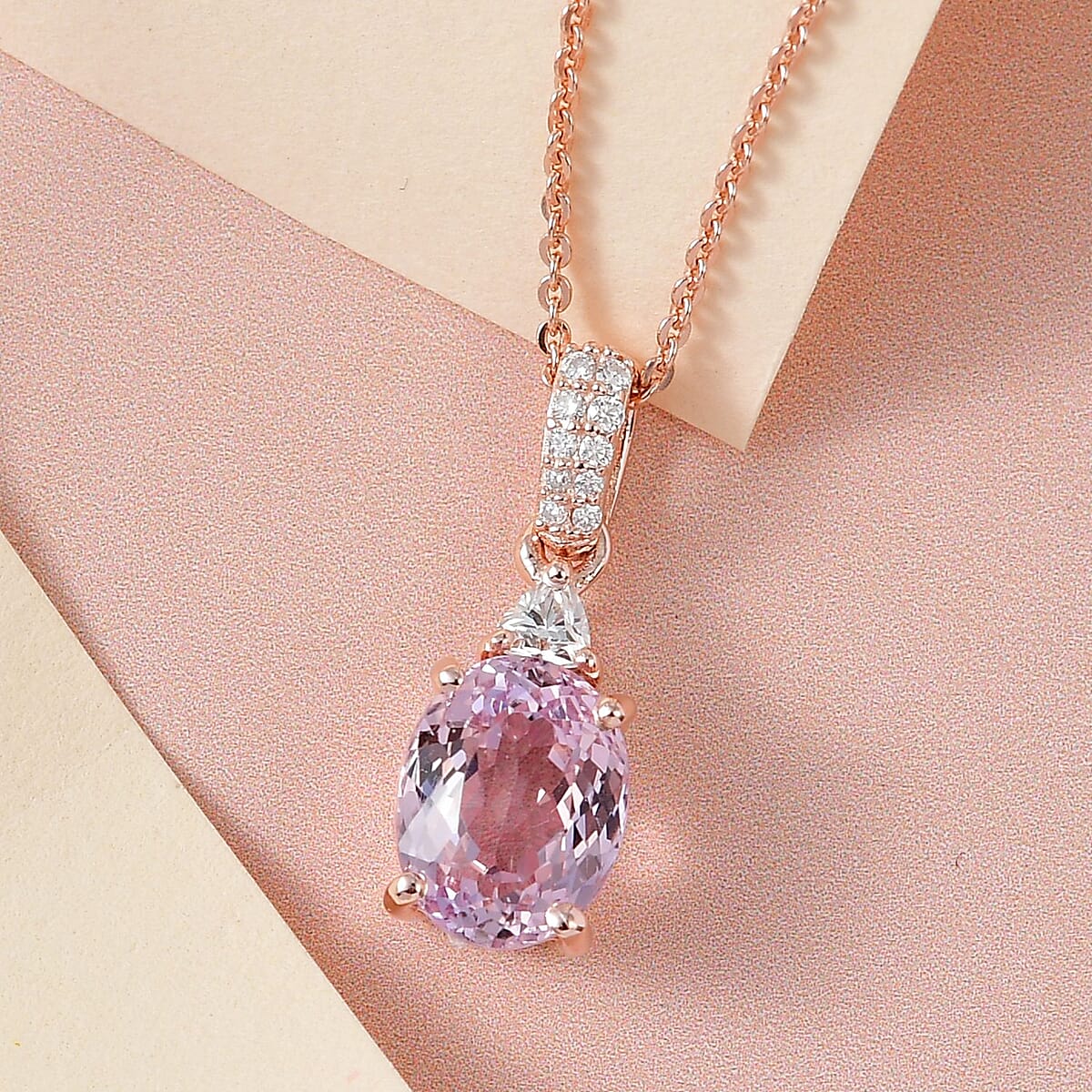 Premium Martha Rocha Kunzite and Moissanite Pendant Necklace 20 Inches in Vermeil Rose Gold Over Sterling Silver 2.65 ctw image number 1