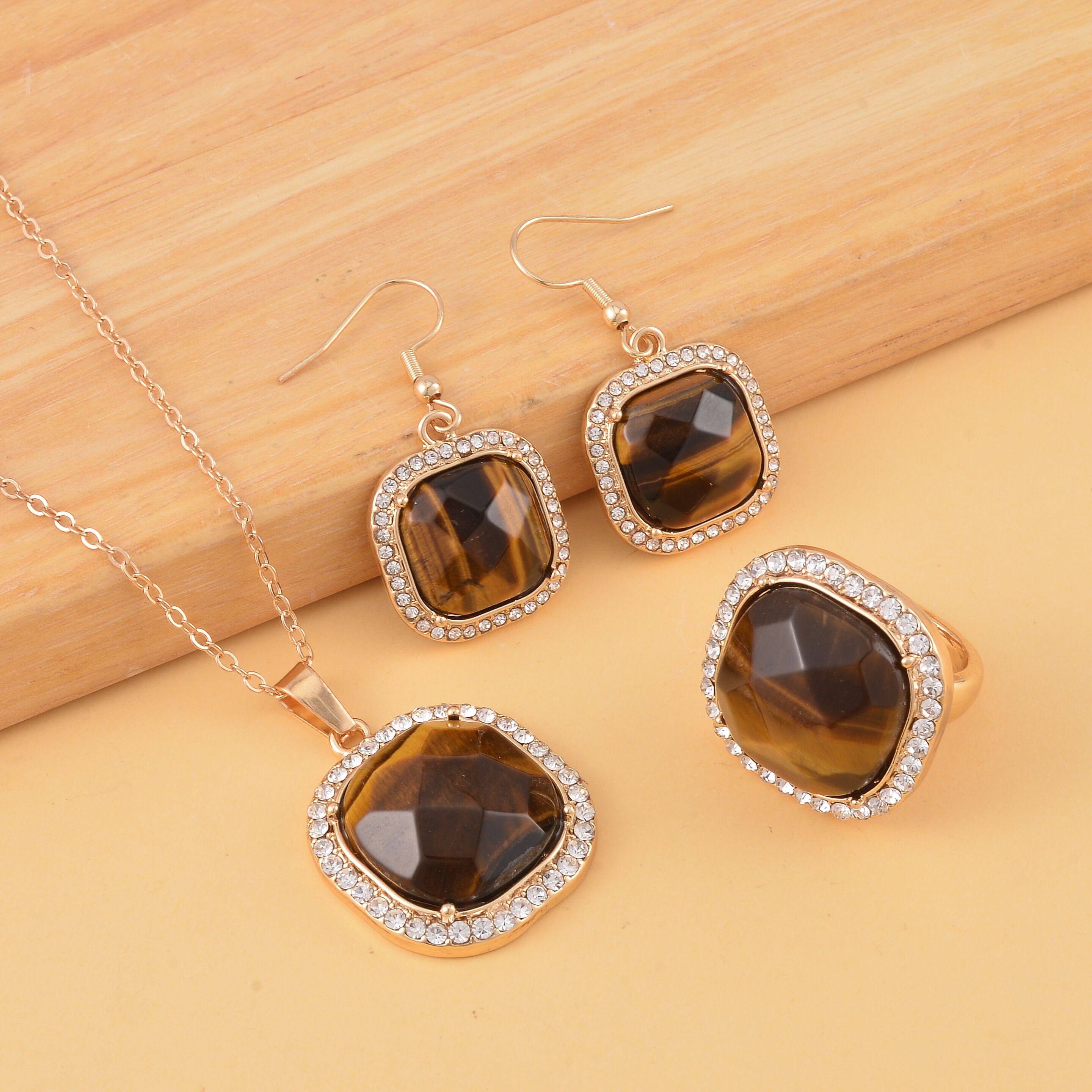 Yellow Tiger's Eye and Austrian Crystal Dangle Earrings, Halo Ring (Size 6.0) and Pendant Necklace 20 Inches in Goldtone 14.00 ctw