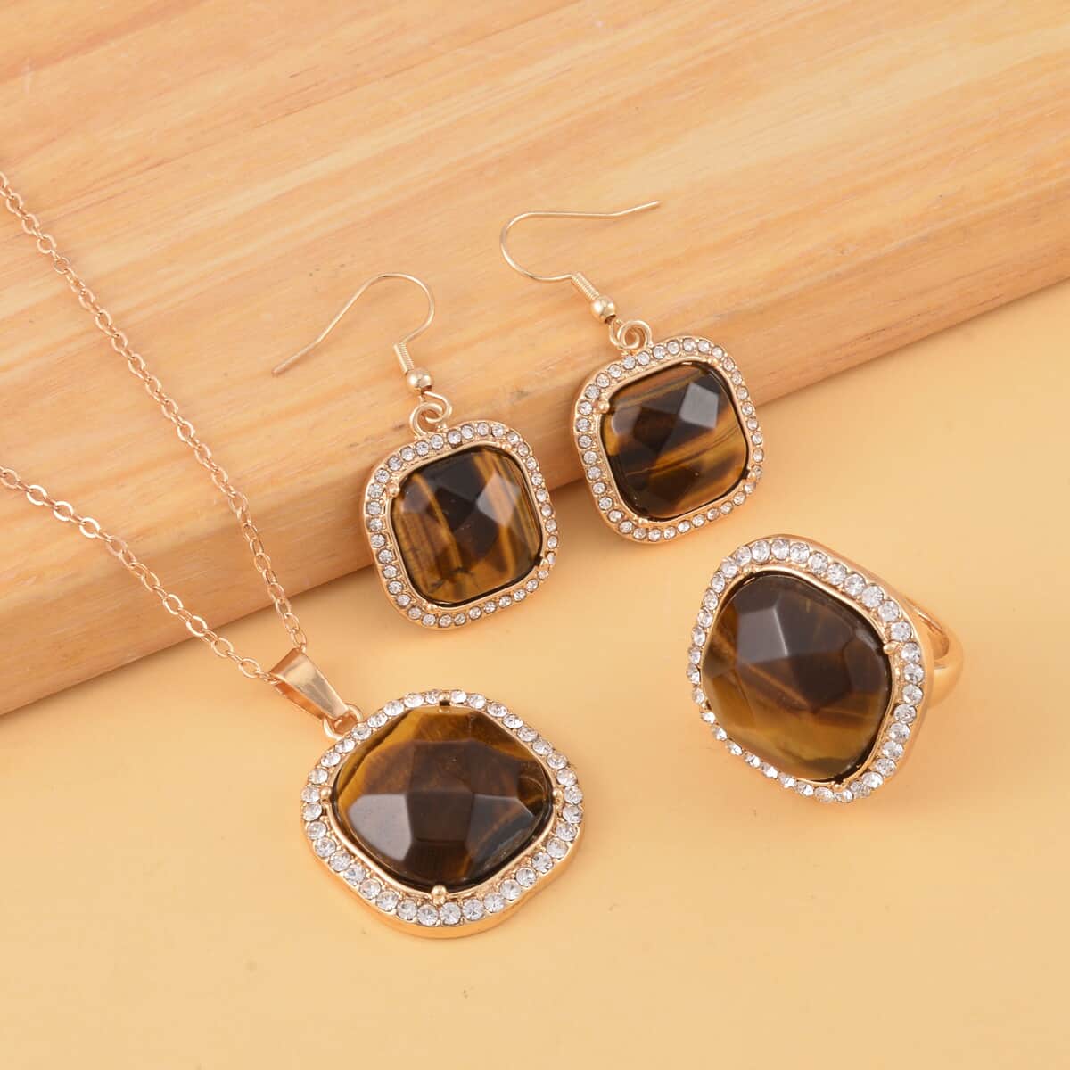 Yellow Tiger's Eye and Austrian Crystal Dangle Earrings, Halo Ring (Size 6.0) and Pendant Necklace 20 Inches in Goldtone 14.00 ctw image number 1