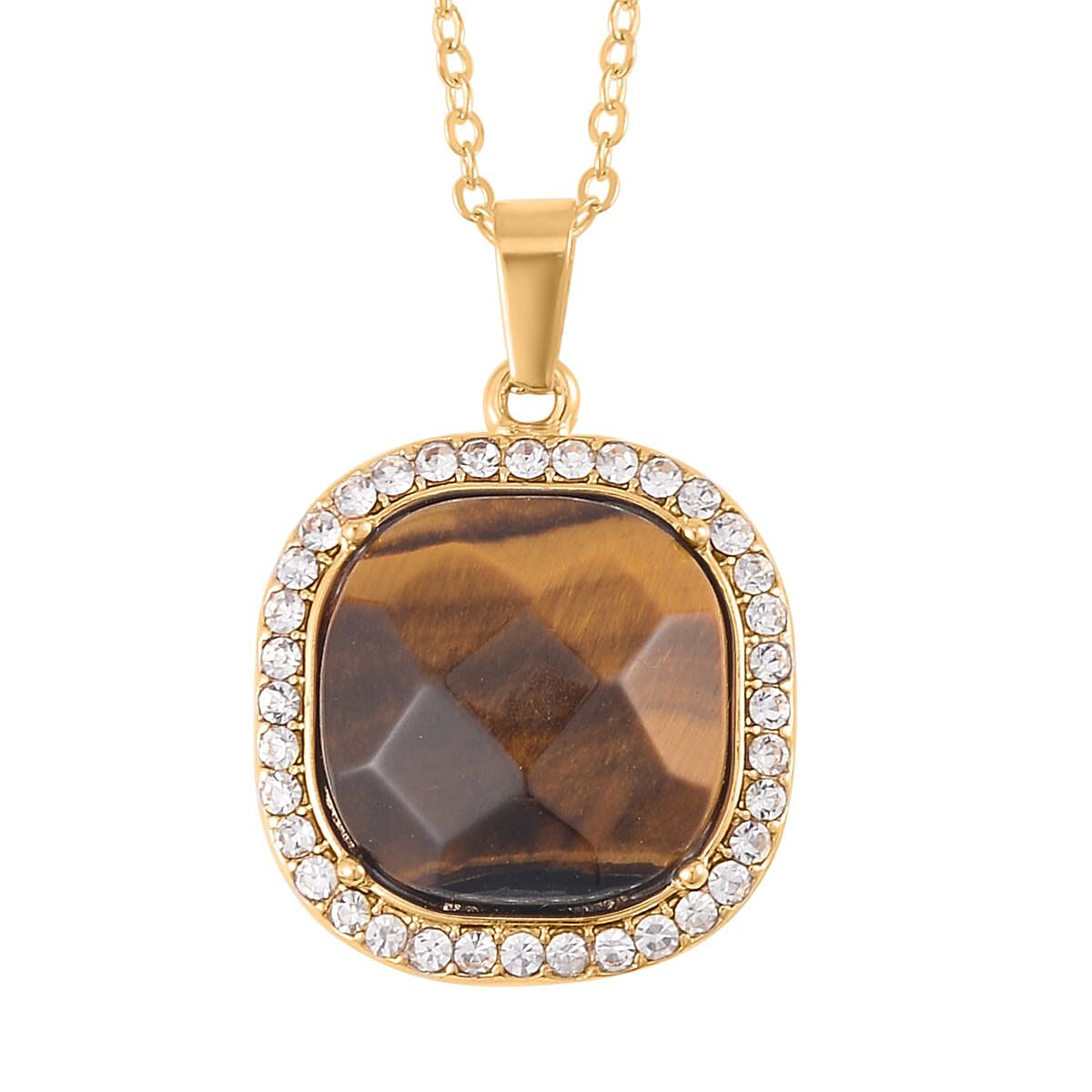 Yellow Tiger's Eye and Austrian Crystal Dangle Earrings, Halo Ring (Size 6.0) and Pendant Necklace 20 Inches in Goldtone 14.00 ctw