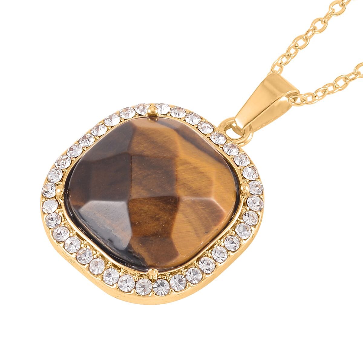 Yellow Tiger's Eye and Austrian Crystal Dangle Earrings, Halo Ring (Size 6.0) and Pendant Necklace 20 Inches in Goldtone 14.00 ctw