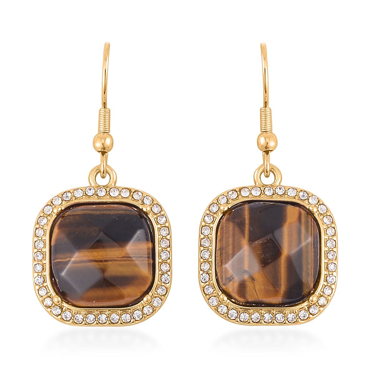 Yellow Tiger's Eye and Austrian Crystal Dangle Earrings, Halo Ring (Size 6.0) and Pendant Necklace 20 Inches in Goldtone 14.00 ctw