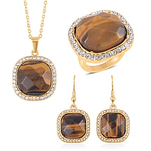 Yellow Tiger's Eye and Austrian Crystal Dangle Earrings, Halo Ring (Size 8.0) and Pendant Necklace 20 Inches in Goldtone 14.00 ctw