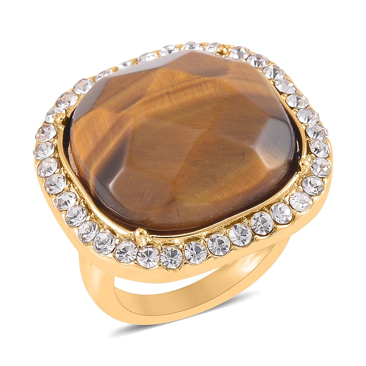 Yellow Tiger's Eye and Austrian Crystal Dangle Earrings, Halo Ring (Size 8.0) and Pendant Necklace 20 Inches in Goldtone 14.00 ctw image number 2