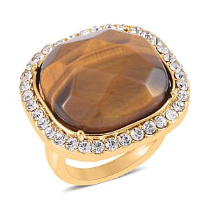 Yellow Tiger's Eye and Austrian Crystal Dangle Earrings, Halo Ring (Size 8.0) and Pendant Necklace 20 Inches in Goldtone 14.00 ctw