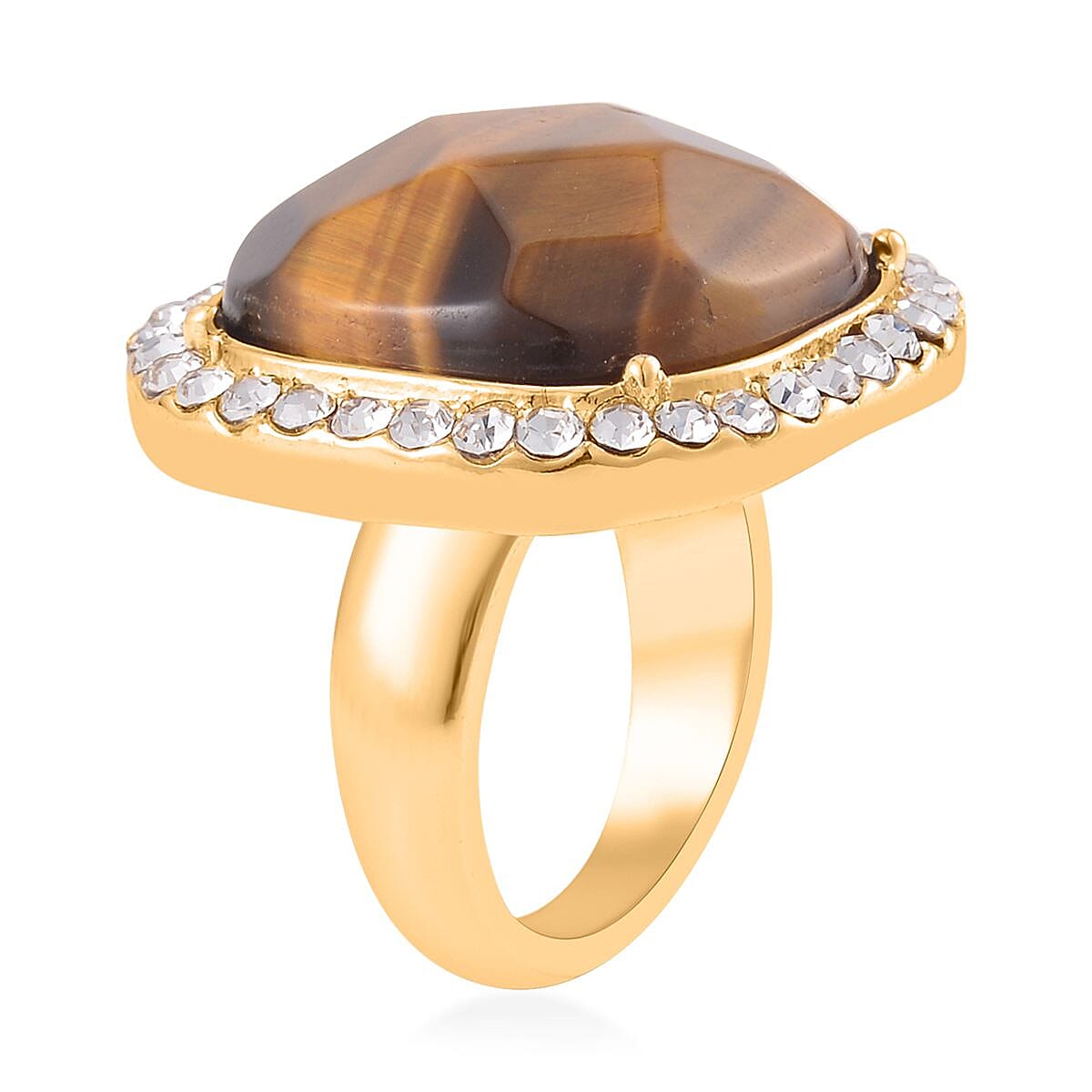 Yellow Tiger's Eye and Austrian Crystal Dangle Earrings, Halo Ring (Size 8.0) and Pendant Necklace 20 Inches in Goldtone 14.00 ctw image number 3