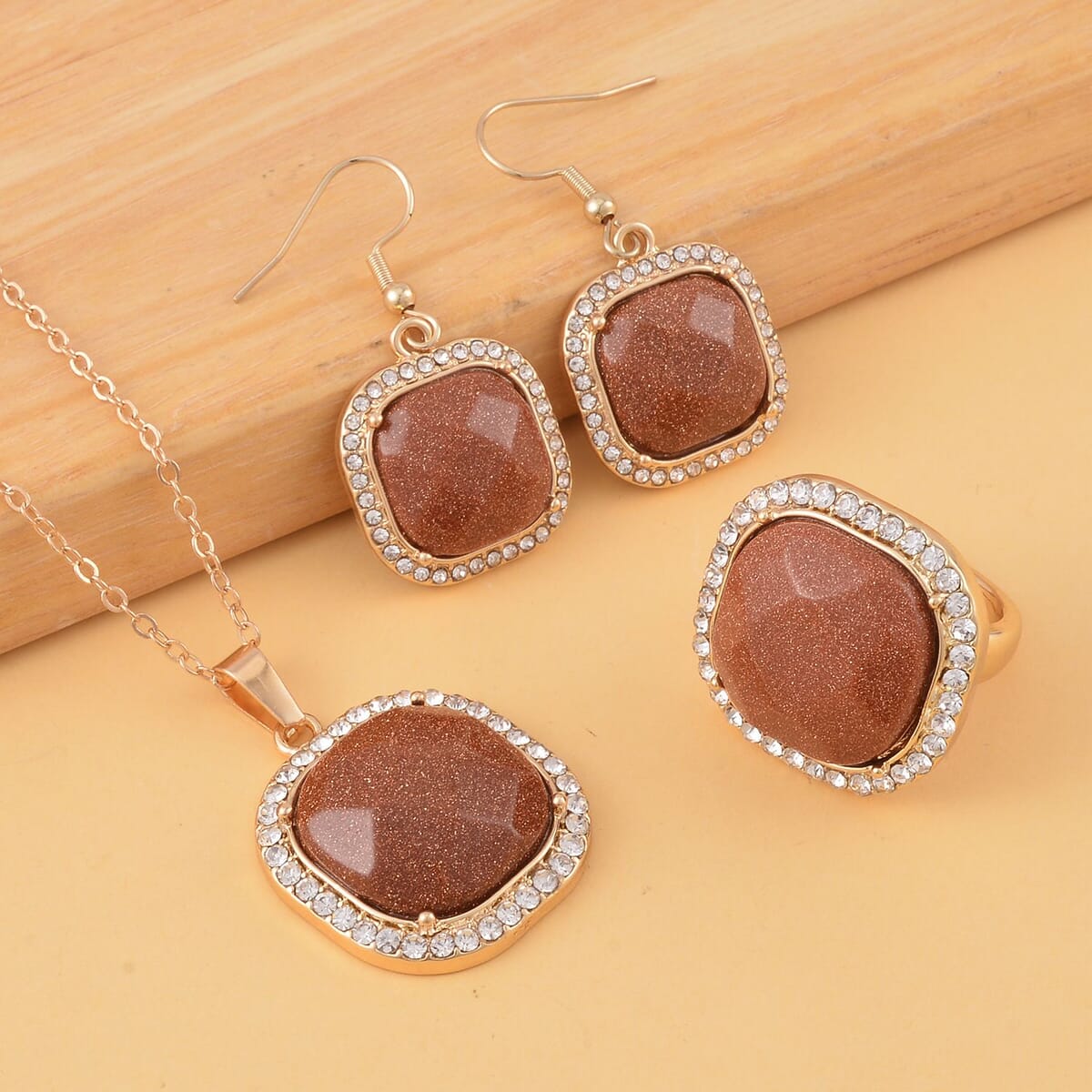 Gold Sandstone and Austrian Crystal Dangle Earrings, Halo Ring (Size 6.0) and Pendant Necklace 20 Inches in Goldtone 14.00 ctw image number 1