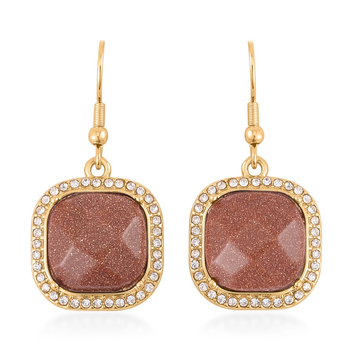 Gold Sandstone and Austrian Crystal Dangle Earrings, Halo Ring (Size 6.0) and Pendant Necklace 20 Inches in Goldtone 14.00 ctw image number 7