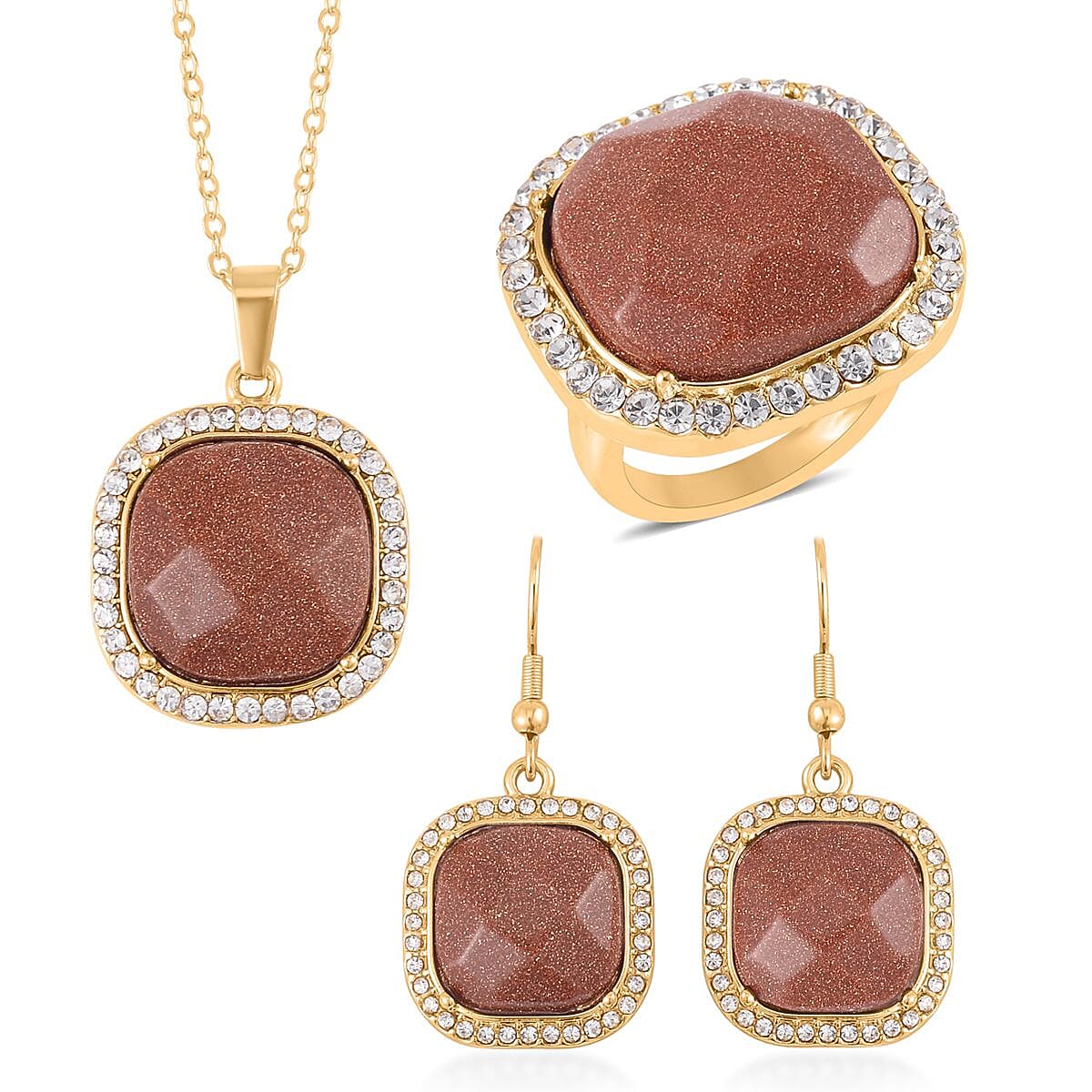 Gold Sandstone and Austrian Crystal Dangle Earrings, Halo Ring (Size 8.0) and Pendant Necklace 20 Inches in Goldtone 14.00 ctw image number 0
