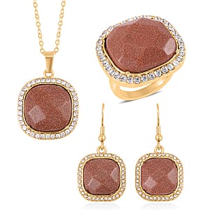 Gold Sandstone and Austrian Crystal Dangle Earrings, Halo Ring (Size 8.0) and Pendant Necklace 20 Inches in Goldtone 14.00 ctw