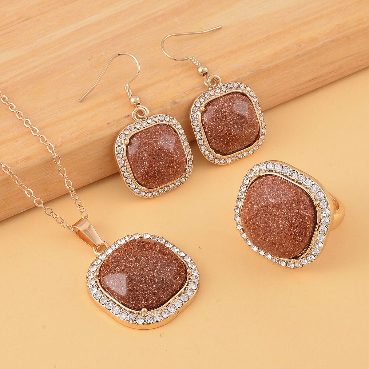 Gold Sandstone and Austrian Crystal Dangle Earrings, Halo Ring (Size 8.0) and Pendant Necklace 20 Inches in Goldtone 14.00 ctw image number 1