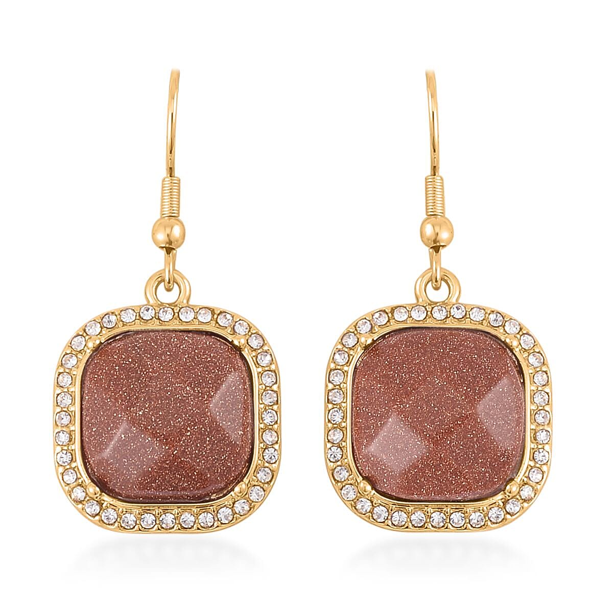 Gold Sandstone and Austrian Crystal Dangle Earrings, Halo Ring (Size 8.0) and Pendant Necklace 20 Inches in Goldtone 14.00 ctw image number 7