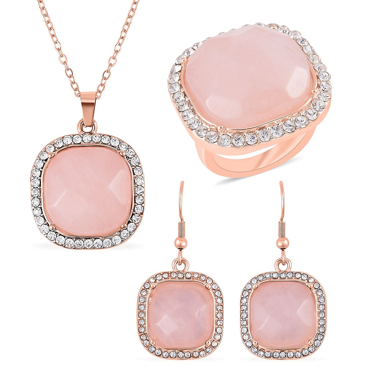 Galilea Rose Quartz and Austrian Crystal Dangle Earrings, Halo Ring (Size 9.0) and Pendant Necklace 20 Inches in Rosetone 14.00 ctw image number 0