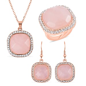 Galilea Rose Quartz and Austrian Crystal Dangle Earrings, Halo Ring (Size 9.0) and Pendant Necklace 20 Inches in Rosetone 14.00 ctw
