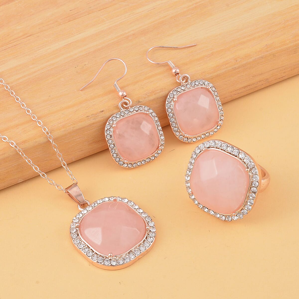 Galilea Rose Quartz and Austrian Crystal Dangle Earrings, Halo Ring (Size 9.0) and Pendant Necklace 20 Inches in Rosetone 14.00 ctw image number 1