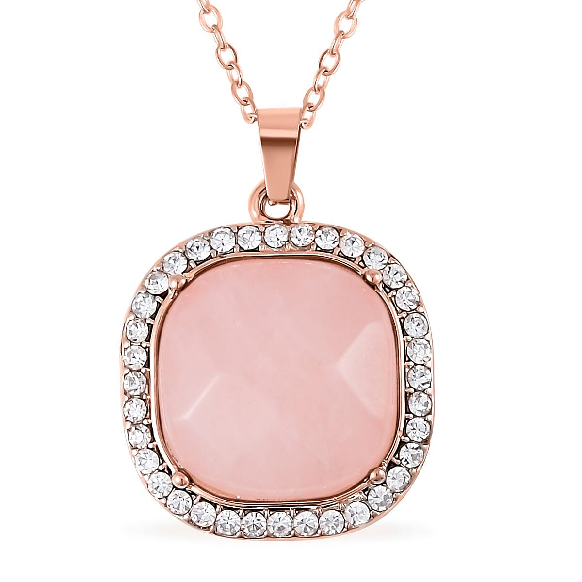 Galilea Rose Quartz and Austrian Crystal Dangle Earrings, Halo Ring (Size 9.0) and Pendant Necklace 20 Inches in Rosetone 14.00 ctw image number 5