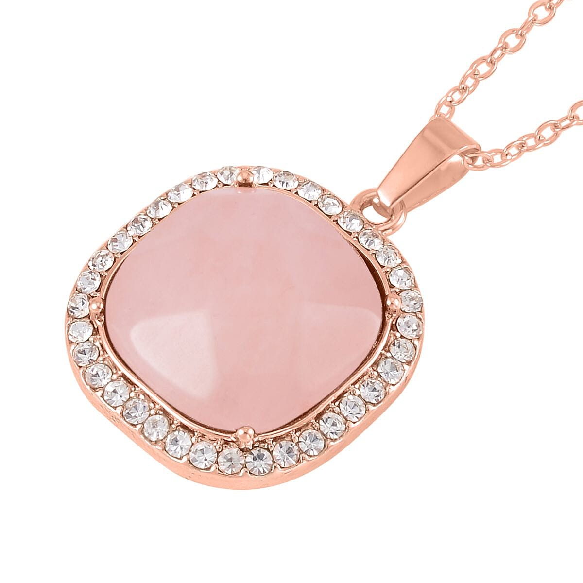 Galilea Rose Quartz and Austrian Crystal Dangle Earrings, Halo Ring (Size 9.0) and Pendant Necklace 20 Inches in Rosetone 14.00 ctw image number 6