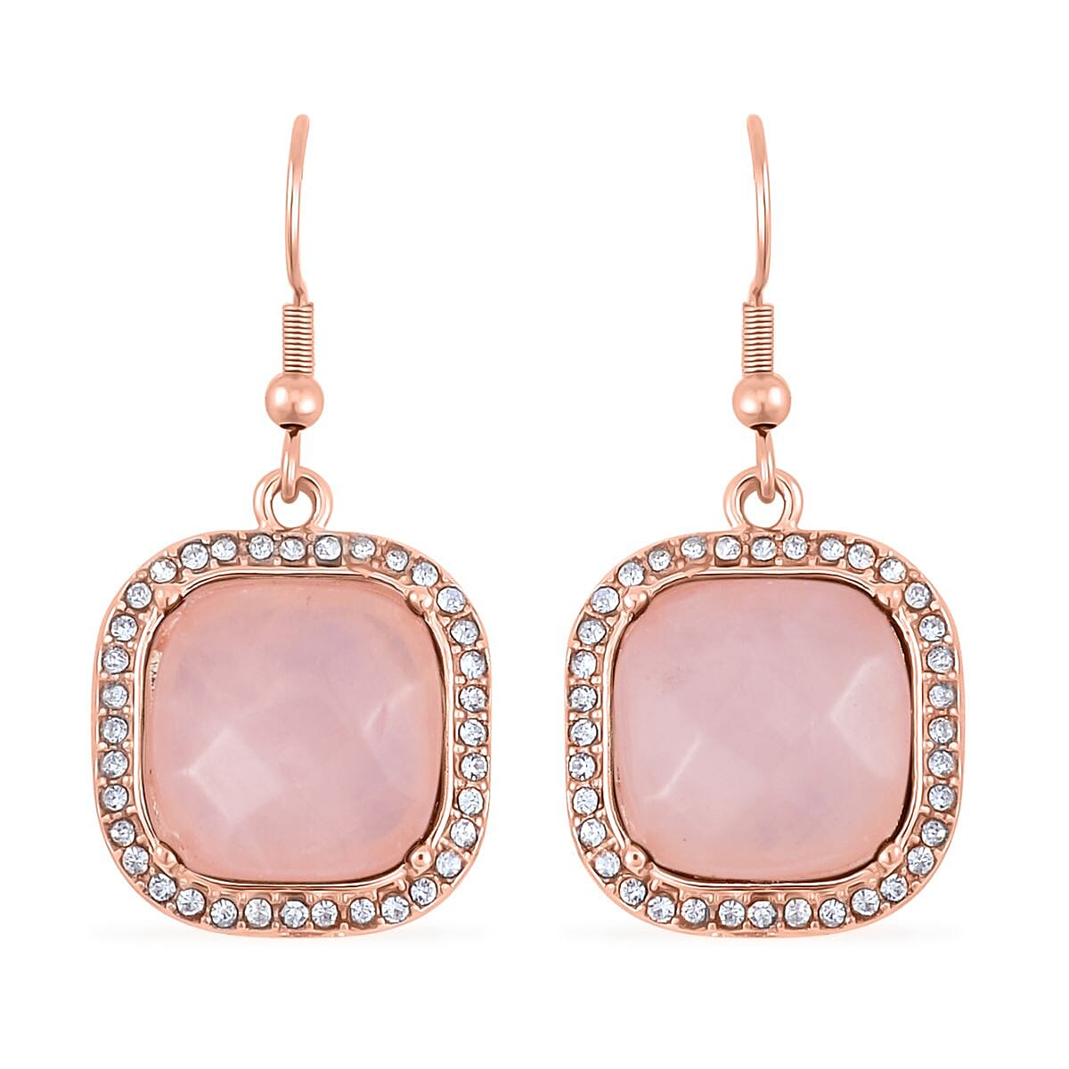 Galilea Rose Quartz and Austrian Crystal Dangle Earrings, Halo Ring (Size 9.0) and Pendant Necklace 20 Inches in Rosetone 14.00 ctw image number 7