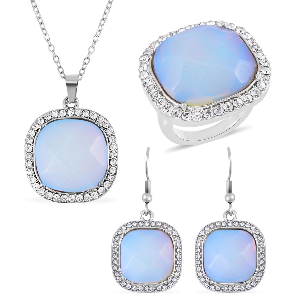 Opalite and Austrian Crystal Dangle Earrings, Halo Ring (Size 9.0) and Pendant Necklace 20 Inches in Silvertone 14.00 ctw image number 0